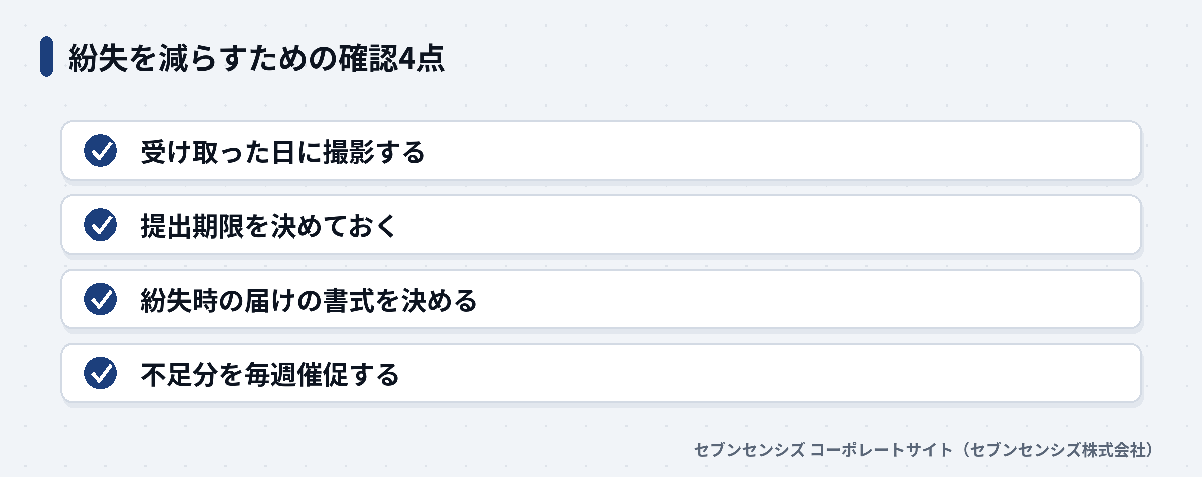 紛失を減らすための確認4点: 受け取った日に撮影する、提出期限を決めておく、紛失時の届けの書式を決める、不足分を毎週催促する