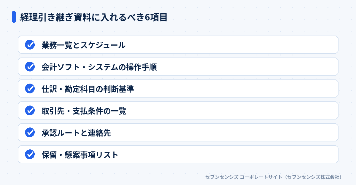 経理引き継ぎ資料に入れるべき6項目: 業務一覧とスケジュール、会計ソフト・システムの操作手順、仕訳・勘定科目の判断基準、取引先・支払条件の一覧、承認ルートと連絡先、保留・懸案事項リスト