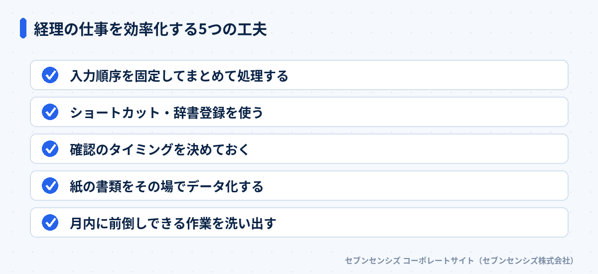 経理の仕事を効率化する5つの工夫: 入力順序を固定してまとめて処理する、ショートカット・辞書登録を使う、確認のタイミングを決めておく、紙の書類をその場でデータ化する、月内に前倒しできる作業を洗い出す